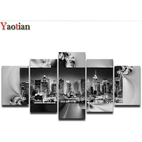 5 Panel Diamond Painting New York City Night Full Square/Round Diamond Cross stitch Mosaic Rhinestone Embroidery Black White Art