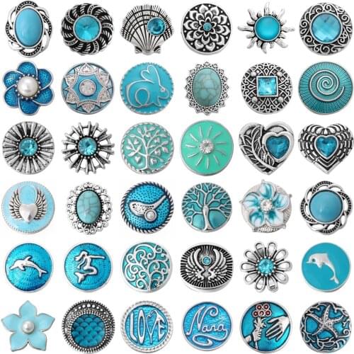 6pcs/lot DIY Snaps Jewelry Alloy Rhinestone Sky Blue 18mm 20mm Metal Snap Buttons Charms Button Jewerly