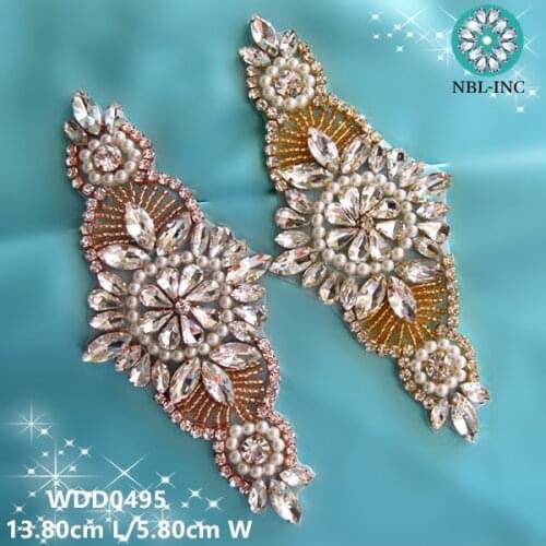30PCS)Wholesale hand beaded sewing bridal rose gold crystal rhinestone applique iron on for wedding dresses DIY sash WDD0495