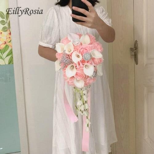 EillyRosia New Arrival Cascading Pink Bridal Bouquet Cala Lily Tear Drop Elegant Waterfall Wedding Bouquet for Bride Flowers