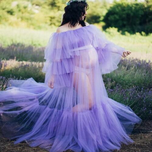 Purple Maternity Dresses Tiered Skirts Baby Shower Gown for Photoshoot Boudoir Lingerie Tulle Bathrobe Nightwear Babydoll Robe