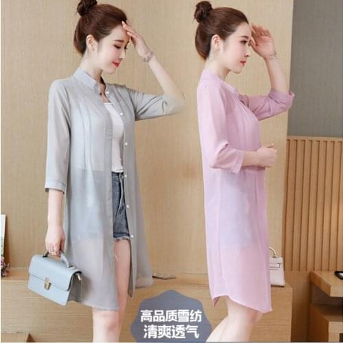 2021 Female New Summer Sun Protection Cardigan Women Elegant Casual Solid Color Chiffon Shirts Ladies V-Neck Blouse Tops L502