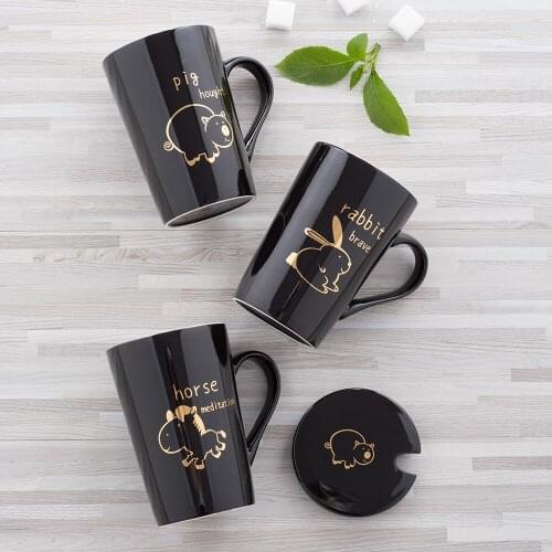 SPSCO Creative Chinese Zodiac Ceramic Mug Cartoon Mugs Coffee Mug Tea Cup With Lid and Spoon for Birthday Christmas Gift