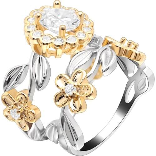 Hainon White Stone Zircon Rings Sets Women Luxury Wedding Engagement Gift Flower Shape Silver Color Gold Color Rings