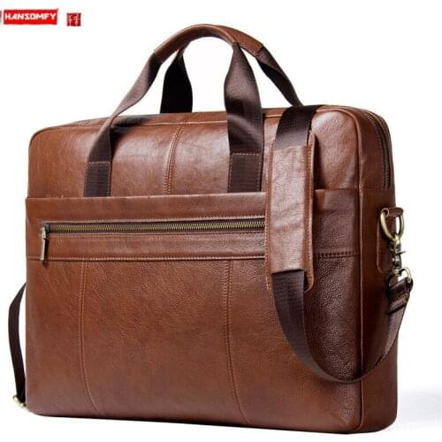 Leather Shoulder-Bag Messenger Bag Full-Grain Leather Mens 15.6-Inch Computer Business Briefcase