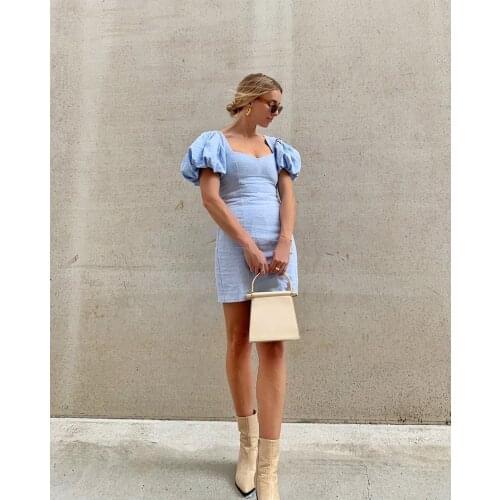 Summer Fashion Elegant Bubble Sleeve Solid Color Pleated Dresses Women French Romantic Party Vacation Beach Casual Dresses Women