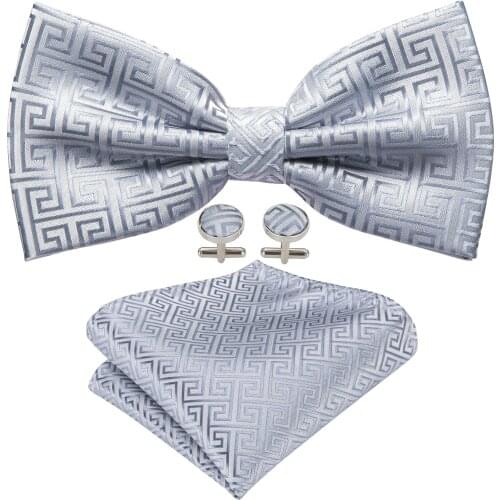 Fashion Sliver Geometric Silk Bow Tie For Men Wedding Accessories Adjustable Butterfly Handkerchief Cufflink Set Barry.Wang