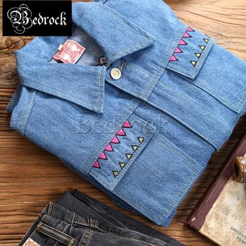 Bedrock American retro contrast color embroidery vintage denim jacket Ami Kaji craft washed denim jacket for men MBBCAR388