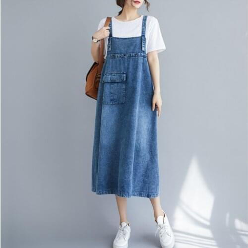 New Women Suspenders Denim Dress 2020 Summer Korean Solid Color Loose Casual Boyfriend Punk Long Sundress Fashion Vestidos Z264