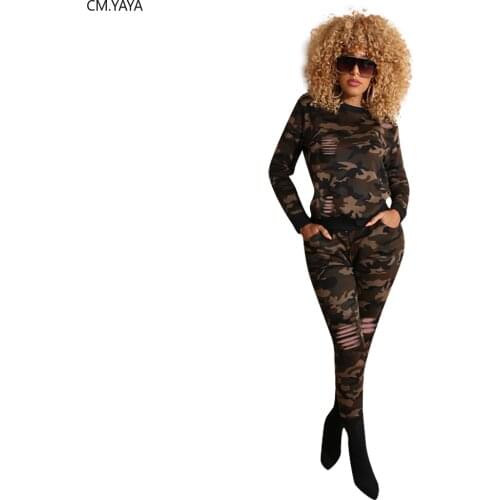 Autumn Winter Women set Tracksuit Full Sleeve Top Pants suit Camouflage Print Hole Casual Two Piece Set Outfits Sporty H8898