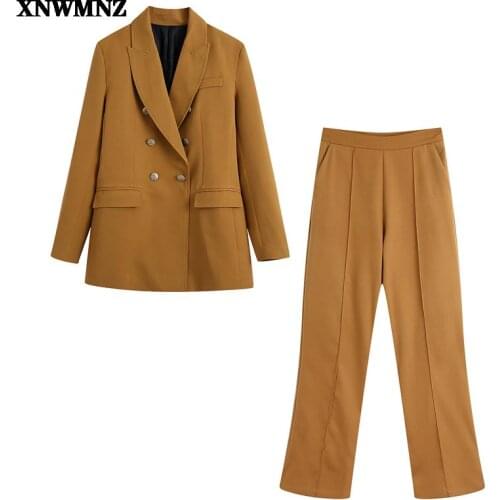 XNWMNZ Women Fashion long double-breasted blazer coat Vintage slim casual Female suit jacket Chic high-waist wide-leg trousers