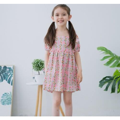 Hollead Baby Girls Dresses Summer Dress Kids Short Sleeve Cute Flower Print Square Neck A-line Skirts Fashion Princess Clothes