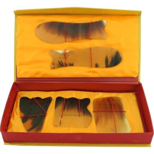 Genuine Top Quality! Traditional Acupuncture Body Points Face Back Neck Massage Gua Sha Genuine 100% Buffalo Horn 5 Pieces/Set