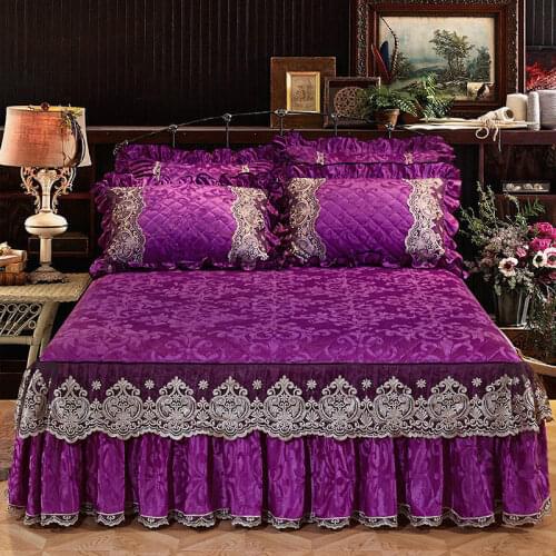 High-grade Bedding Bed Skirts Pillowcases Purple Velvet Thick Warm Lace Princess Bedspread Bed Sheets Mattress Cover King Queen