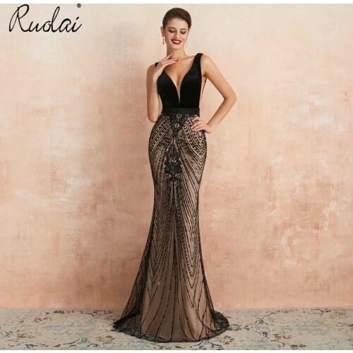 Deep V-Neck Luxury Mermaid Evening Dress Long 2019 Women Open Back Sweep Train Formal Party Dresses vestidos de fiesta de noche