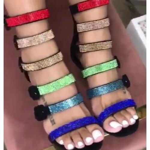 Ladies Colorful Rhinestone Straps High Heel Sandal Peep Toe Side Buckle Strap Wedding Shoes Woman Gladiator Crystal Party Heel