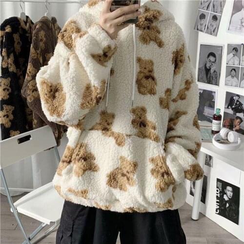 Korean Vintage Style loose Sweatshirt little bear Pattern furry Hoodie 2021 Winter Warm Plush sweet Pullovers Woman