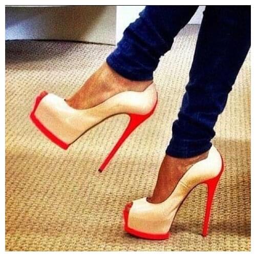 Sexy Peep Toe Patchwork High Platform Pumps Mixed Patent Leather Stiletto Heel Dress Shoes Slip-on Banquet Popular Shoes