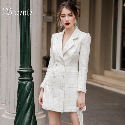 VC All Free Shipping Trendy Plaid Pattern Button Design Trun-down Collar Celebrity Party Club Mini Blazer Dress