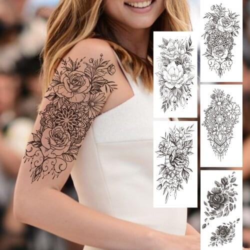 Rose Henna Flower Temporary Tattoos For Women Half Sleeve Girls Fake Jewels Peony Tattoos Sticker Black 3D Orchid Forearm Tattos
