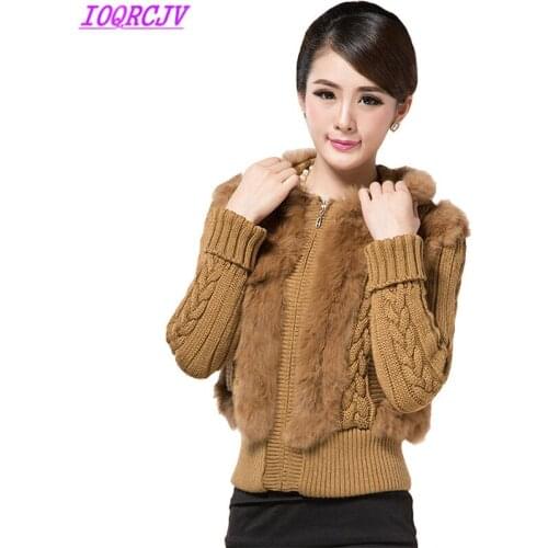 Knit sweater cardigan jacket for Women high quality autumn winter Rabbit Fur Stitching short coat thick Plus size Hooded sweater