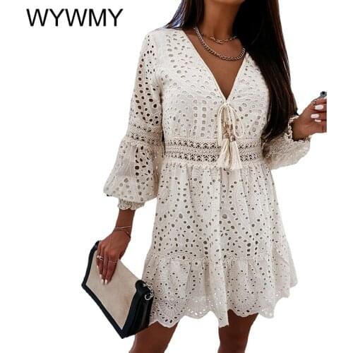 WYWMY Spring Autumn Women Dresses Solid Color Embroidery Lace Up Design Ruffle Dress Elegant Beach Party A-Line Mini Lace Dress