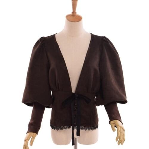 Women Steampunk Shirt Victorian Style Vintage Deep V-neck Puff Sleeve Tops Costume