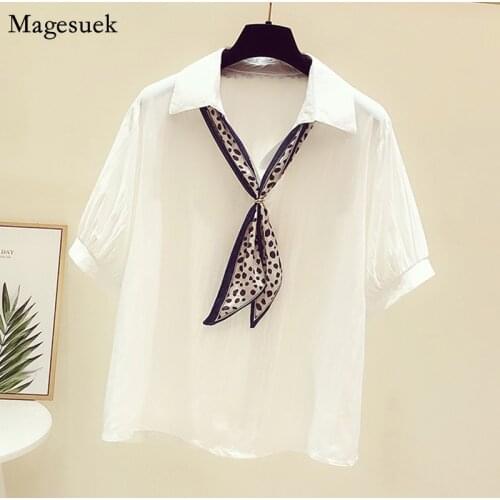 Korean Style Loose White Shirt Women Summer Short Sleeve Women Blouse Tops Casual Leopard-Print Lapel Solid Woman Shirts 13750