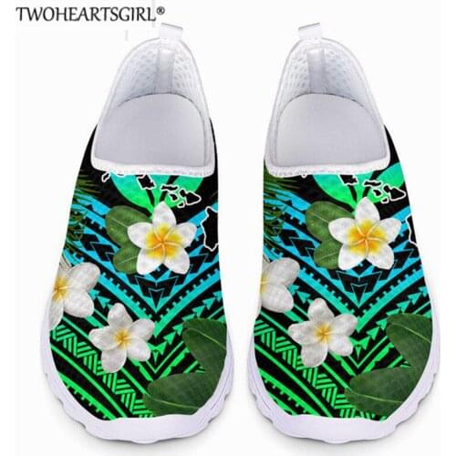 Women Mesh Flat Shoes Polynesian Plumeria with Leaves Pattern Casual Sneaker for Ladies Slip on Loafers Shoes Outdoor Footwear