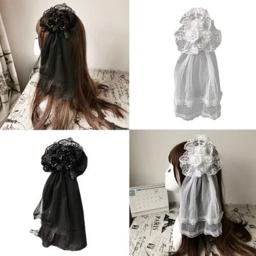 Womens Lolita Hair Ornaments Lace Veil Rose Hairpin Side Clip Hair Accessories Party Hair Hoops Cosplay Fancy Props