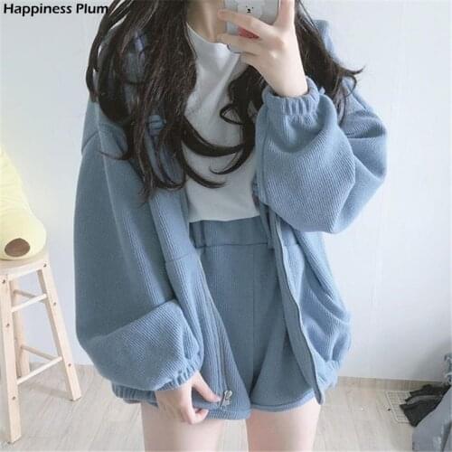 Sweet Tracksuit Women Autumn Winter Female Sweat Suit Set Korean Hooded Sweatshirt+Shorts Loose Sports Two-piece