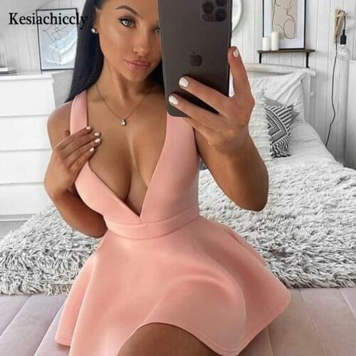 Kesiachiccly Backless Women Dresses Spring Summer Ruched Sleeveless Short Dress Pink V Neck Sexy Bodycon Party Vestidos 2021