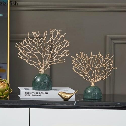 Golden Coral Marble Ornaments Desk Decor Luxurious Statue Crafts Figurines Alloy Tree Branch Oval Base Home Decoration Modern