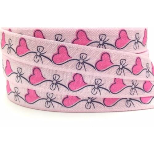 10 Yards Pink Heart Print Valentines Day Fold Over Elastic for Baby Headbands DIY Sewing Wedding Party Decoration Accessories