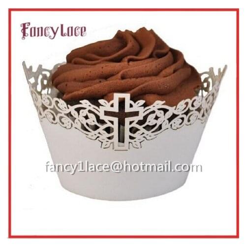 New 24pcs White Pearl CROSS Wedding Baptism Cupcake Wrapper Wraps Christian Catholic,Christmas Cupcake Decoration Free Shipping