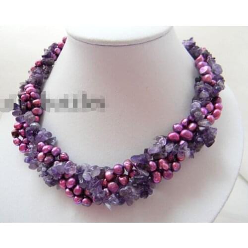 4 row 18" Purple Baroque Freshwater Pearl Purple crystal Necklace