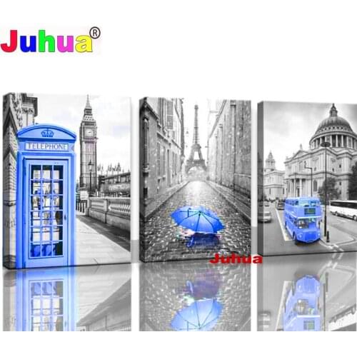 Diamond Painting Diy 5D Triptych Blue Paris Tower Big Ben Decor Romantic City Landscape Diamond Embroidery Mosaic 3 Panels