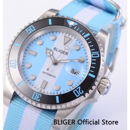 BLIGER Sapphire Crystal 40MM Blue White Dial Black Ceramic Bezel MIYOTA Automatic Movement Mens Wrist Watch Nylon Strap Watch