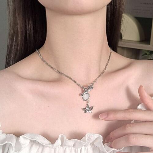 2021 Summer Hot Sale Fashion Trend Geometric Metal Angel Love Clavicle Chain Personality Creative Silver Couple Hip Hop Necklace
