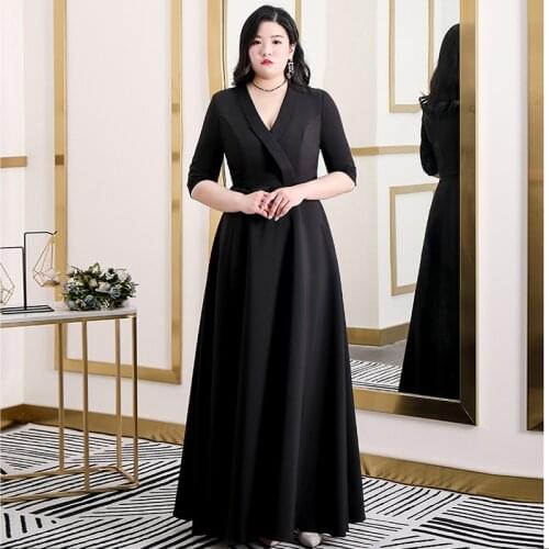 Black Evening Dress Elegant Plus Size Floor-Length Half Sleeves Lace V-Neck Women Party Gown Evening Dresses Long Luxury D014