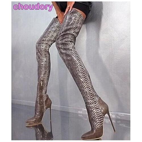 Women Fall Winter Chic Over The Knee Snakeskin Boots Sexy Pointed Toe Patchwork Python Thigh High Boots Slim Fit Nighclub Shoes