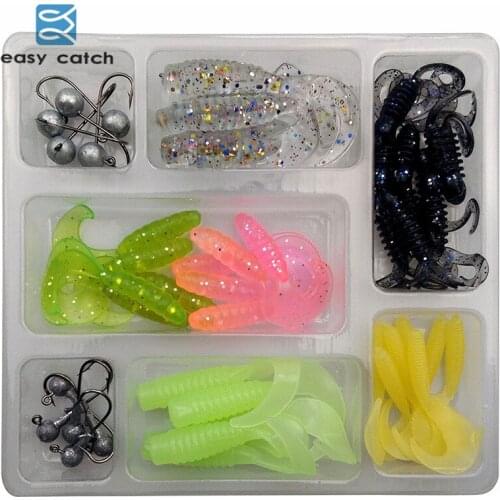 Easy Catch 48pcs Soft Lures Jig Head Hooks Set Mixed Color Assorted Smell Worms Bait Artificial Double Tail Grub Set With Box