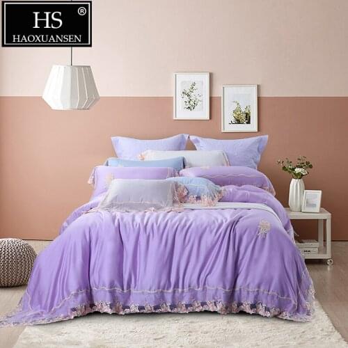 Super Soft Breathable Purple 100% Tencel Lyocell Bedding Sets Lace Design Queen King Size 4 Piece Girl Princess Duvet Cover Set