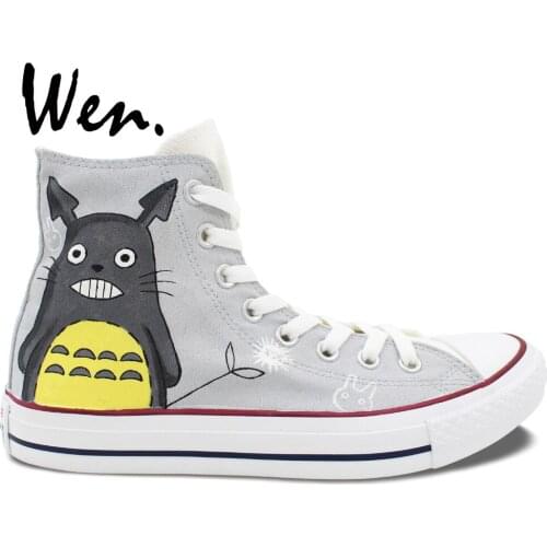 Wen Anime Hand Painted Sneakers My Neighbor Totoro Yellow Potbelly Men Womens High Top Grey Canvas Shoes