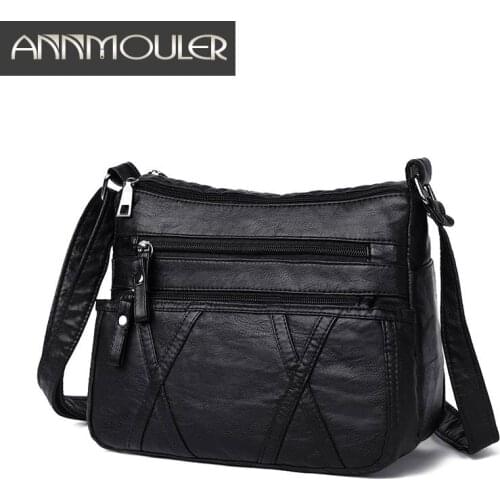 Annmouler Small Women Bag Pu Leather Shoulder Bag Black Multipockets Crossbody Bag Soft Messenger Bag for Girls Quality Purse