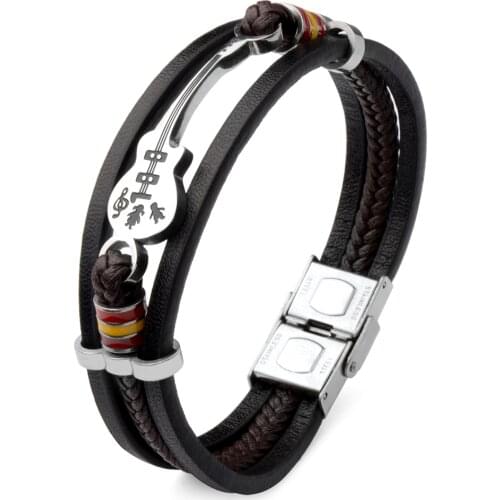 Stainless Steel Guitar Bracelets Fashion Braided Genuine Leather Bracelet for Men Rope Bangle Music Fans Gift