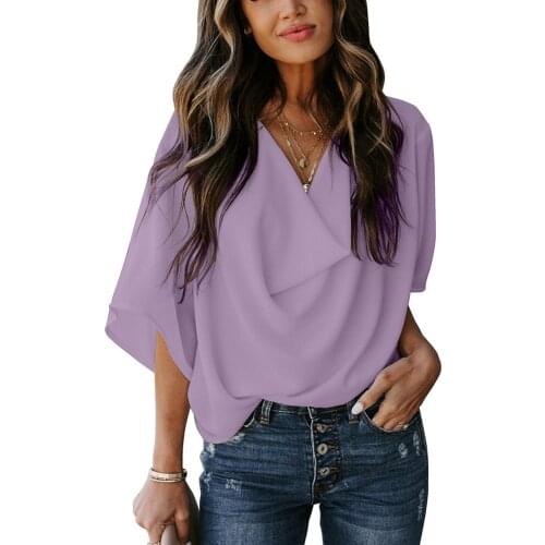 The New Summer Of 2021 Fashion And Elegant All-Match Chiffon Shirt Loose V-Neck Casual Flared Mid-Sleeved Blouse For Ladies