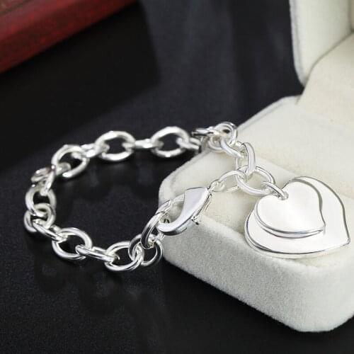 New Style 925 Sterling Silver Double Heart Pendant Bracelet For Women Wedding Engagement Fashion Glamour Party Jewelry