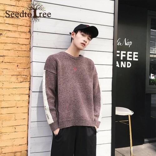 Solid Color Spliced Mens Korean Casual Sweater Long Sleeve Mock Neck Pullover