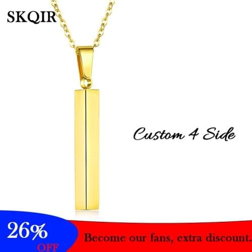 Personalized Engrave Name Date Necklace Custom 4 Side Stainless Steel Long Bar Initial Pendant Charm Necklace Women Jewelry